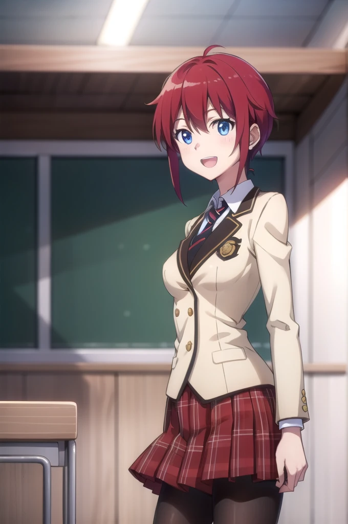 Highest quality, masterpiece, Very detailed,
Aoi Sakurai RW,
Open your mouth, A light smile,
blue eyes, Redhead, short hair, ミディアムshort hair,
school uniform, blazer, tie, Red Skirt, pantyhose,
Are standing, Looking at the audience,
classroom