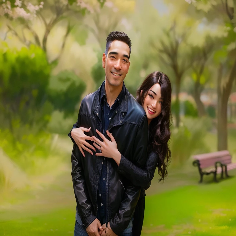 Pixar-style, There's a man and a woman together in a park, casal feliz, couple portrait, smiling couple, couple pose, couple portrait, Beautiful scenery.