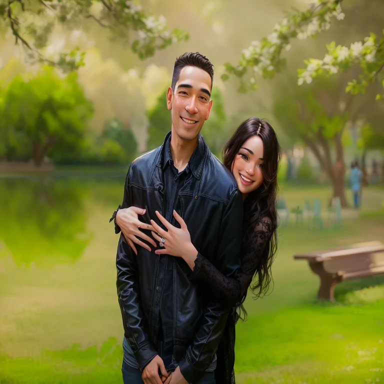 Pixar-style, There's a man and a woman together in a park, casal feliz, couple portrait, smiling couple, couple pose, couple portrait, Beautiful scenery.