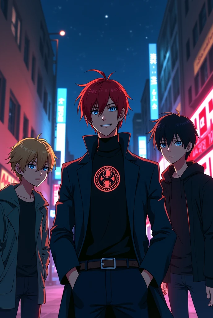 In an urban setting at night, three male characters meet for the first time in a 2D anime style. to the left, a blond young man with a psychopath expression and bright blue eyes. On the right, a 15-year-old boy with black hair and eyes, emanating a mysterious aura. At the center, the main character, a 19-year-old red-haired boy with black eyes, wearing an elegant coat with a round symbol on the chest that combines the moon and the sun.. The scene captures ten