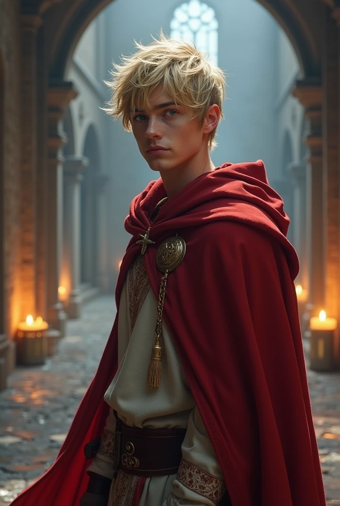 a 20-year-old young man with blond hair, blue eyes and a scar on the right eye like Kakashi from Naruto and wearing the Templar cloak 