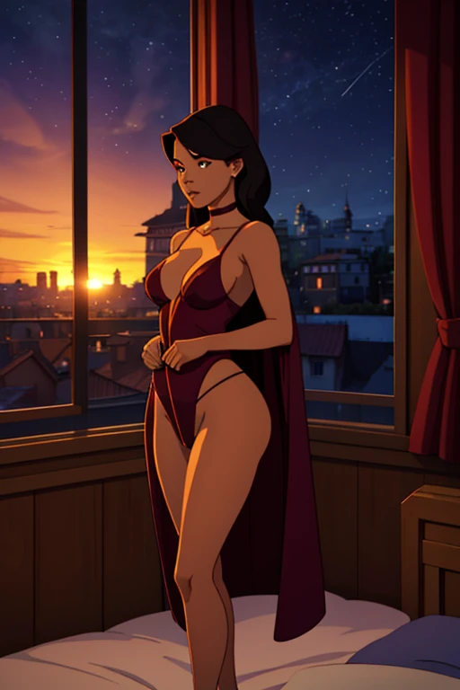 Steven universe environement, houses, cozy town, cityscape, Garnet visible in distance, beautful night sunset sky, view from a bedroom window, beautiful woman standing by window withfacing viewer wearing high waist thong and short silk robe, bare shoulders, long black hair in creative styles, juicy thighs, round buttocks, 26 years old, brown eyes, choker, tan skin, surprised candid look, doe eyes