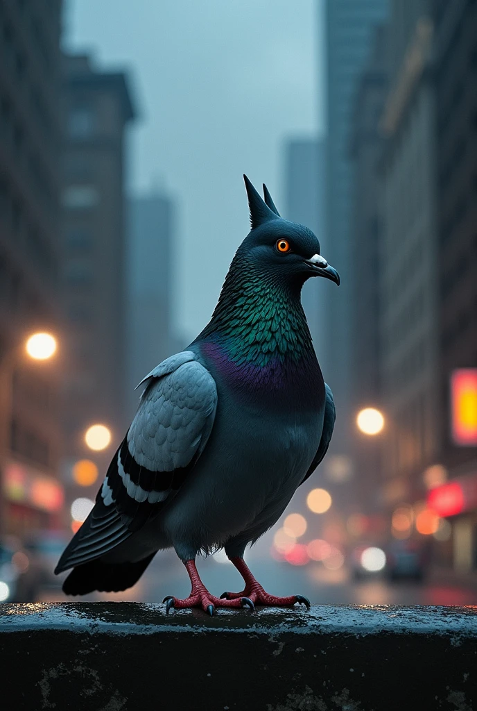 Create an image of a pigeon wearing a Batman mask in a dark city.