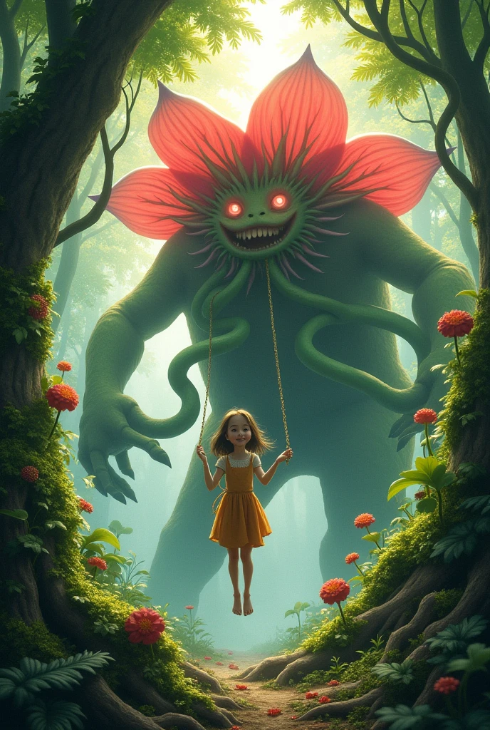 plant tentacle Big Flower Monster A girl is tangled in tentacle A girl is suspended in the air Half crying expression Forest Background Hand and foot quilt tentacle在我的胯部徘徊 tentacle