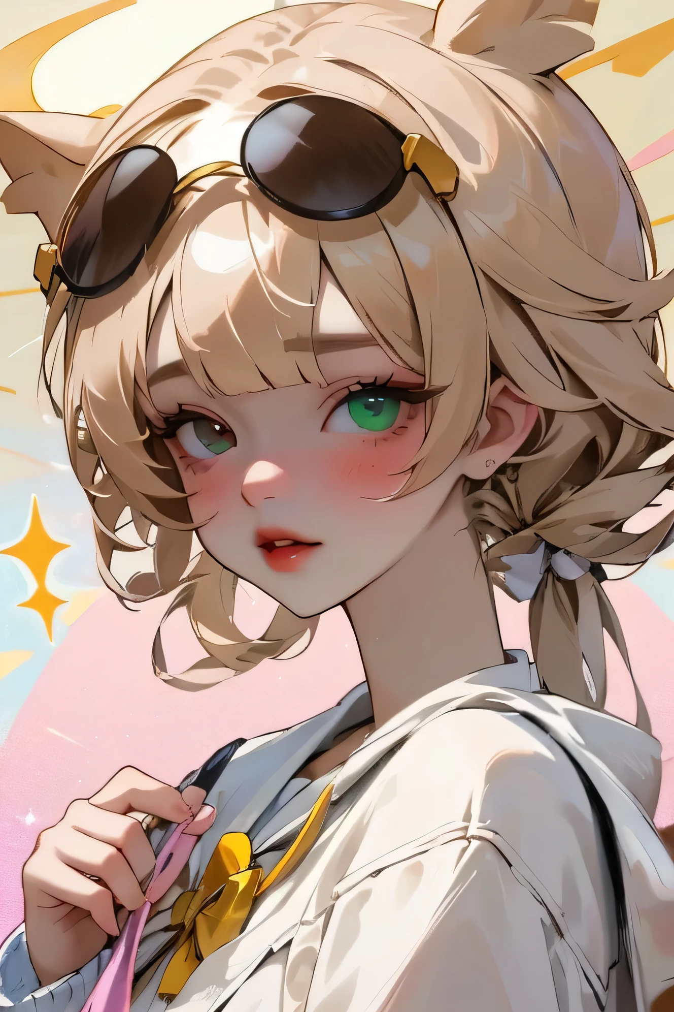 (high quality) (Best Quality) (Una Women) (correct physiognomy) (perfect students) (Perfect eyes) Women, blonde hair with bangs on the forehead, TWO cat ears growing out of his head, eyes with heterochromia dos ojos, one eye green and the other gold, sensitive lips, female appearance, soft facial features, thin eyebrows, soft skin, rosy cheeks, pink lips, silky eyelashes, dreamy expression, middle age, youth clothing, glitter sweatshirt, photo illuminated by sunlight, Women en un campo de girasoles