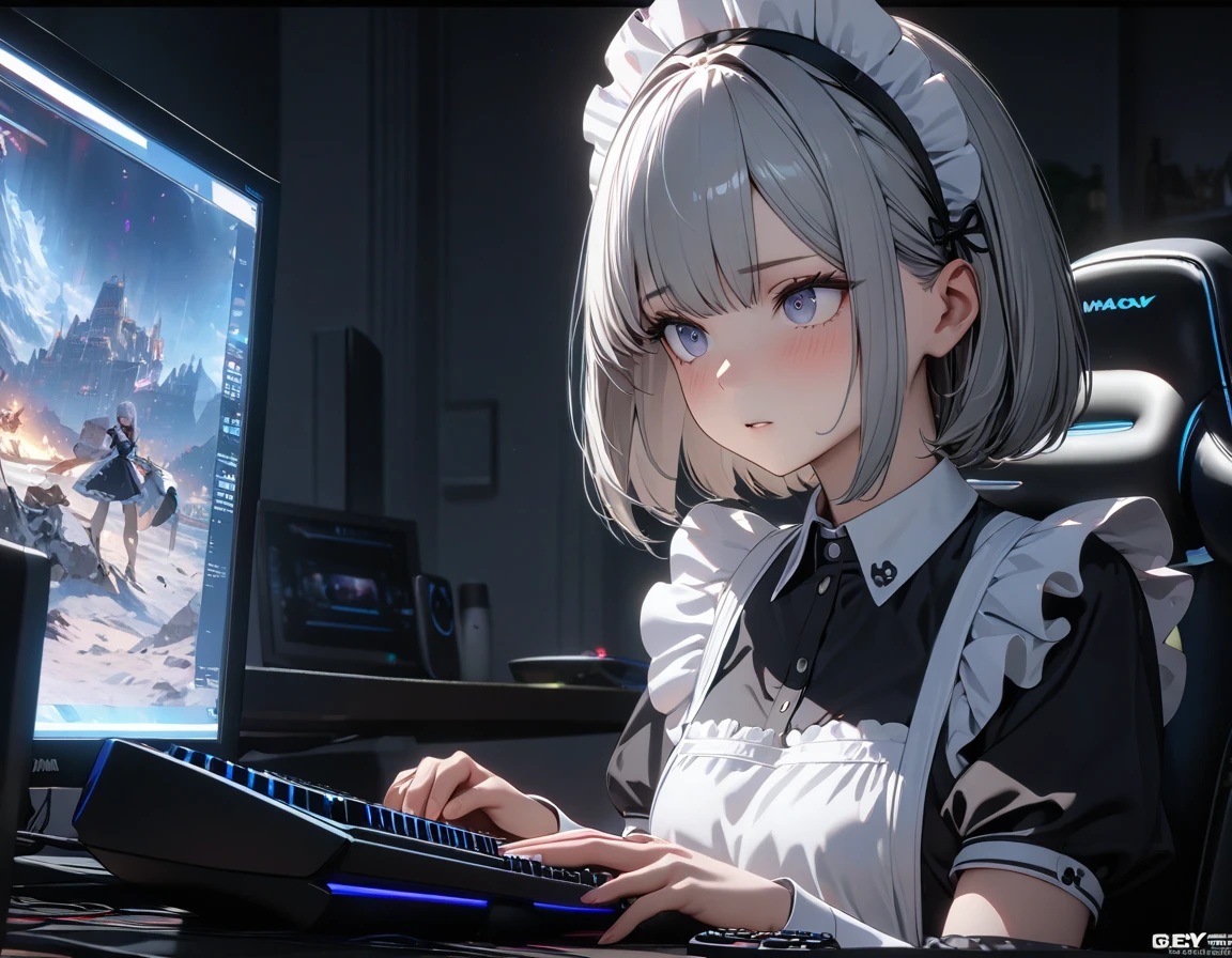 ((best quality)), ((masterpiece)), (detailed), perfect face, ((Best quality, 8k, Masterpiece: 1.3)), Sharp focus, Highly detailed face and skin texture, Detailed eyes, Maid apron, white brim, maid using a desktop computer, playing games on computer, FPS, Computer monitor, keyboard, gaming chair, gray hair, Chin-length bob, Dimly lit room, late night, Absorbed in the game, Use a game controller