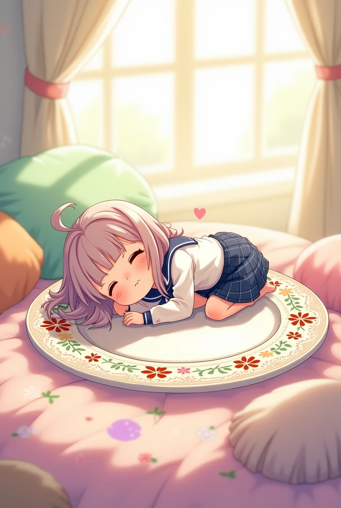 Chibi anime, sleep on plate, long hair, flat bangs, school uniform