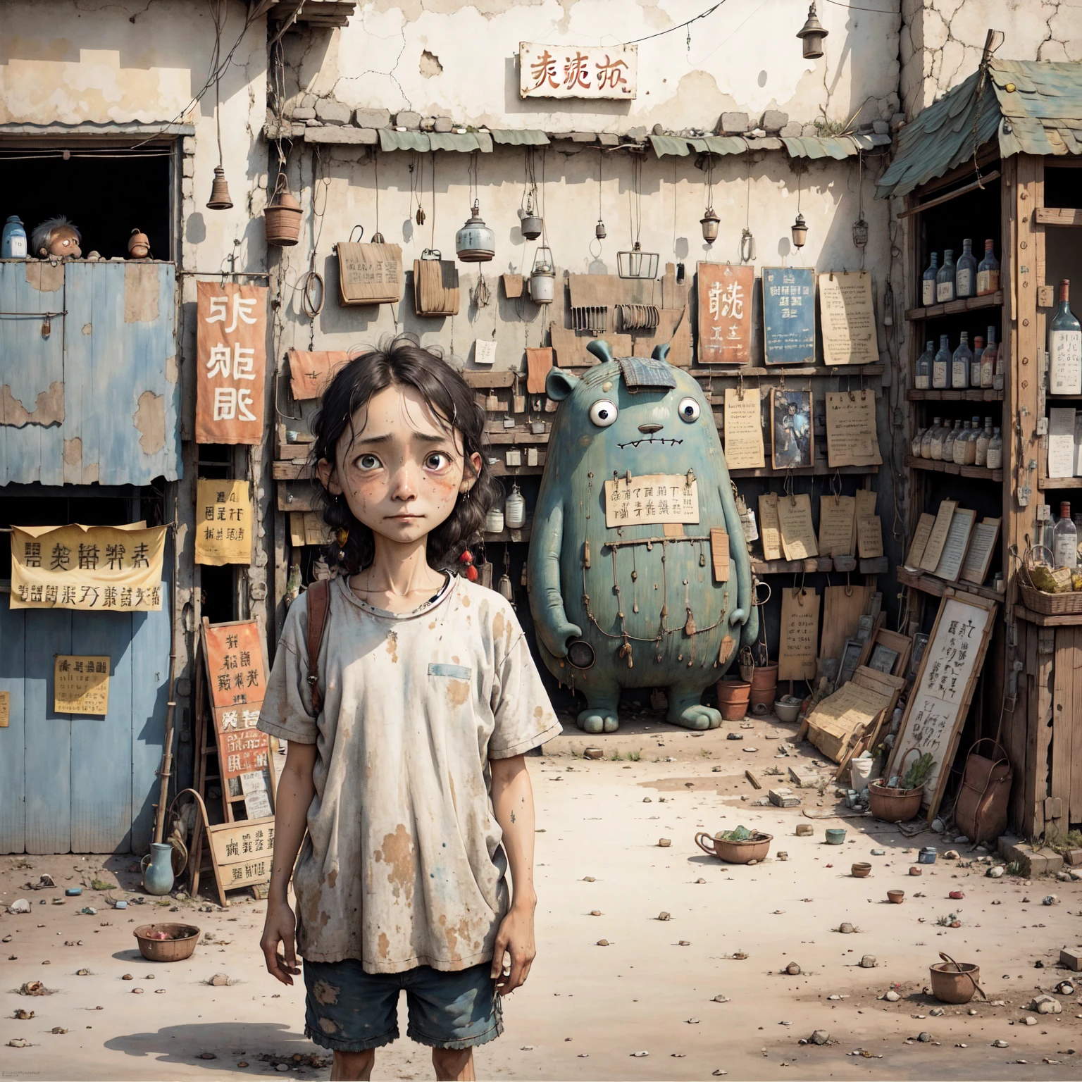 ((masterpiece、Highest quality、Detailed Anime))、A middle-aged man, shabby and poor,々、drinking alcohol.、(Detailed and cute face:1.3)、(Poor conditions、Dim and unsanitary、Crumbling underground shopping mall)、屋台のdiet店、stage、sewage、Dirty shop、street vendors、Unsanitary and abandoned city、smile、diet、Poor person々