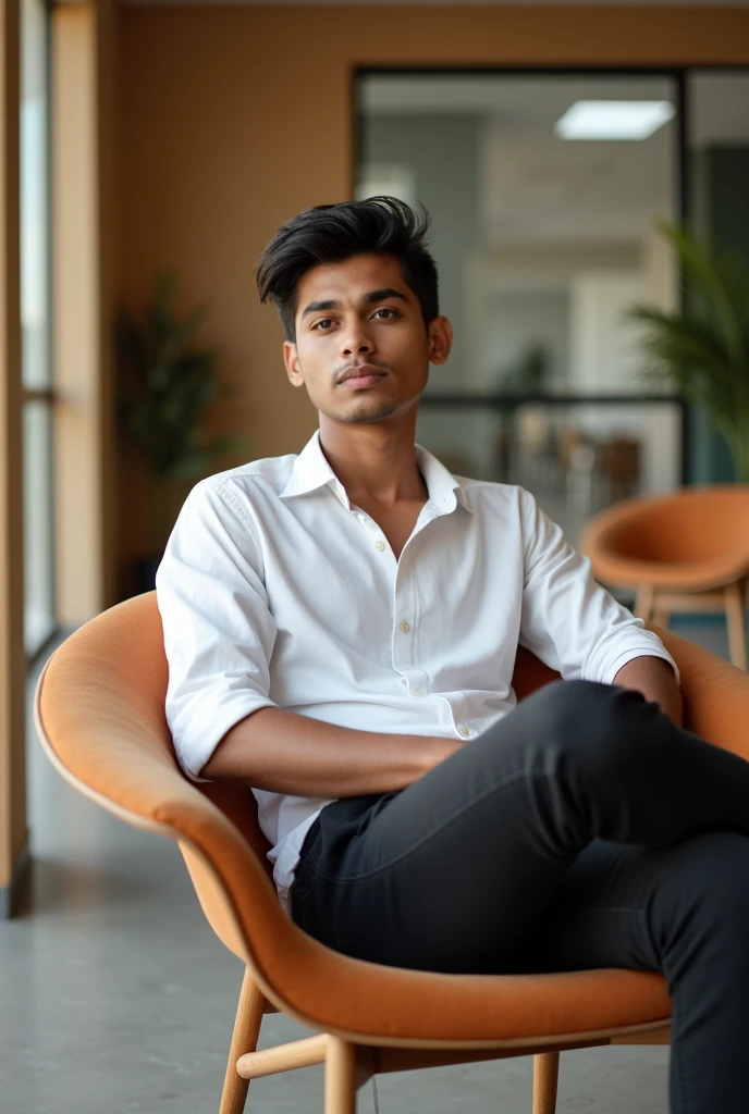 Name Surya "A young adult, 18 years old, sitting on a chair, wearing a white shirt and black pants. The setting is casual and modern."