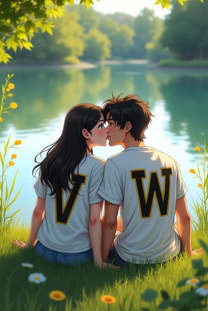 Woman and man facing the camera sitting next to a lake kissing each other and each one wearing a shirt that shows the initials of v and w. Vicky is white and the woman has the letter v on her shirt, the man has the letter w and the initials can be seen in anime style.
