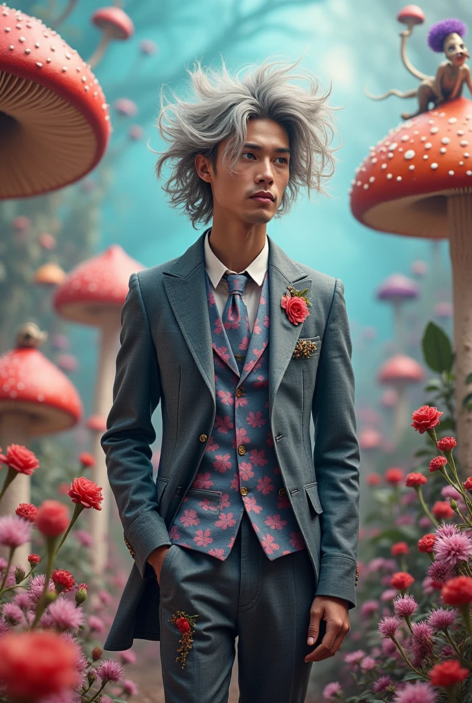 Lorenzo Zurzolo with gray hair and purple eyes in Wonderland