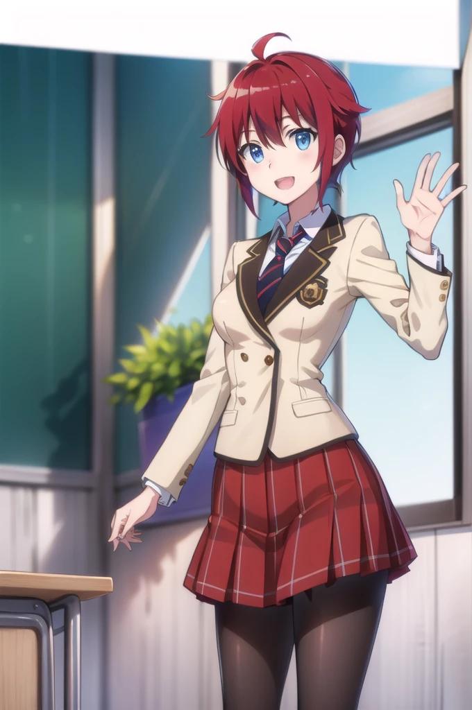 Highest quality, masterpiece, Very detailed,
Aoi Sakurai RW,
Open your mouth, A light smile,
blue eyes, Redhead, short hair, ミディアムshort hair,
school uniform, blazer, tie, Red Skirt, pantyhose,
Are standing, Looking at the audience,
classroom