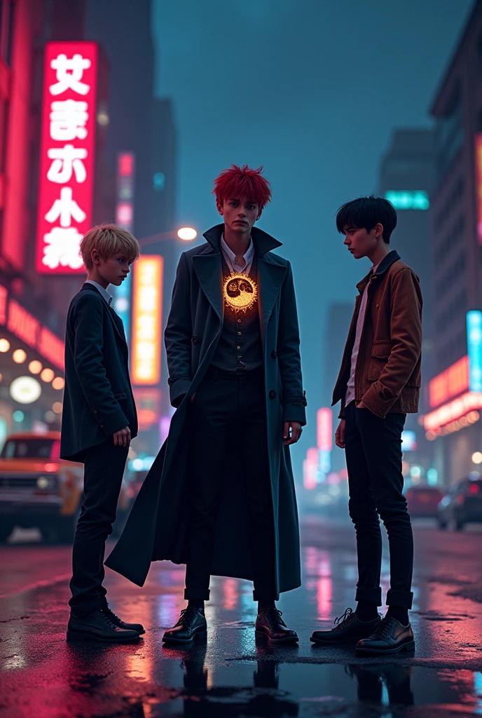 In an urban setting at night, three male characters meet for the first time in a 2D anime style. to the left, a blond young man with a psychopath expression and bright blue eyes. On the right, a 15-year-old boy with black hair and eyes, emanating a mysterious aura. At the center, the main character, a 19-year-old red-haired boy with black eyes, wearing an elegant coat with a round symbol on the chest that combines the moon and the sun.. The scene captures ten