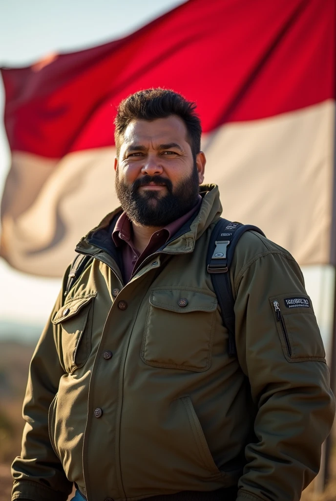 masculine jewish man, full weight body, black hair, short neck, straight focus, close up portrait, outdoor outfit jacket, in front of Indonesia flag