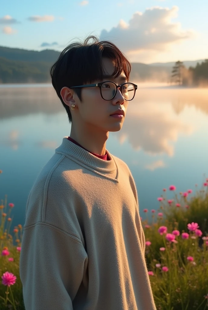 Kim Taehyung wearing glasses looking at the Mariposa County lake at dawn
