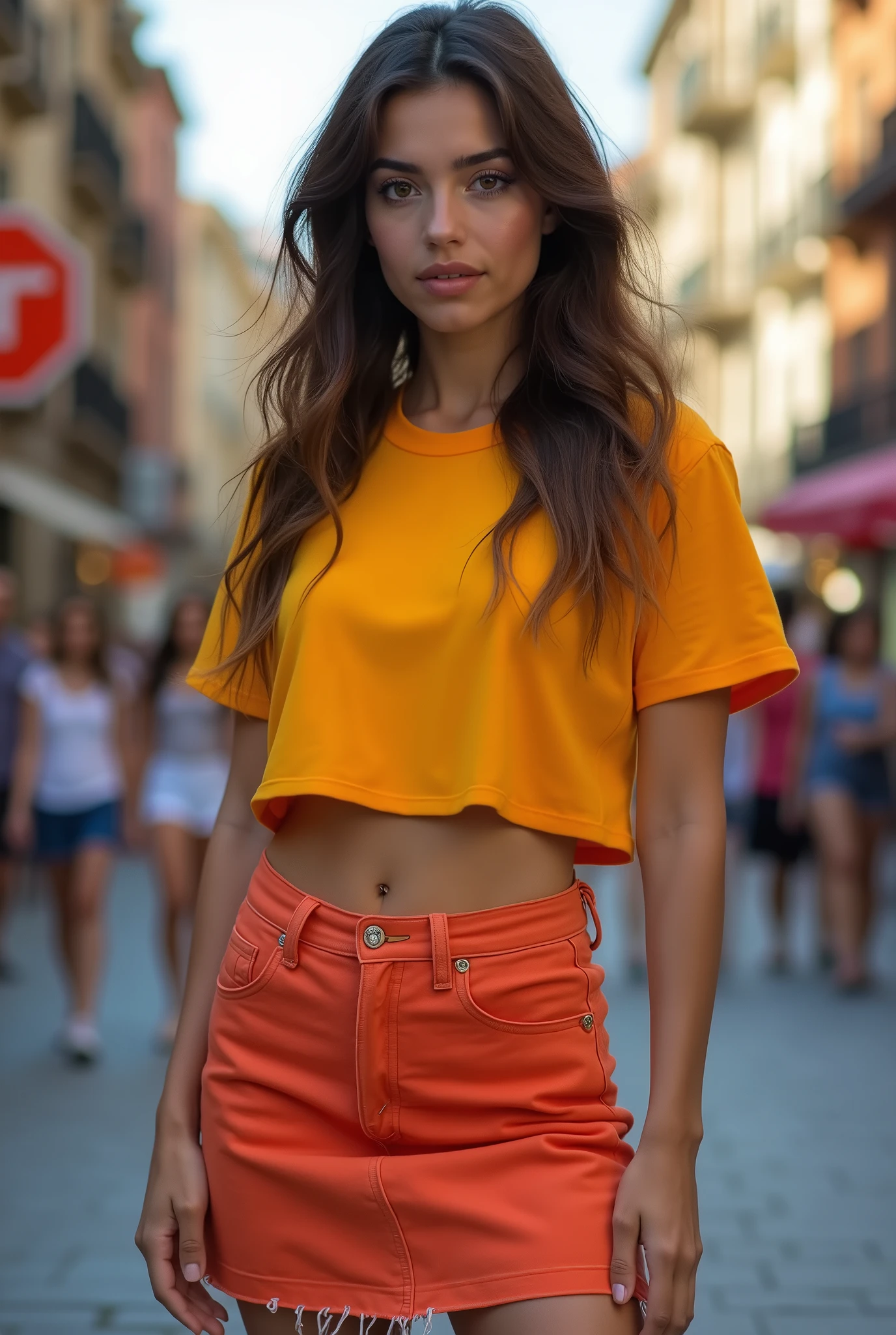 Melanie Rios, straight hair, thin body, expressive eyes, above view, looking to the viewer, orange t-shirt, black jeans pants, tight clothes