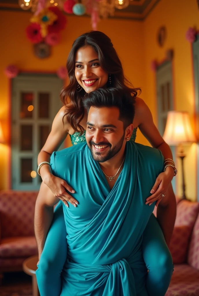 Beautiful and Slim Indian woman Aishwarya Rai in green satin blouse red saree , lifting a large chubby man above her shoulders, man is sitting on woman's shoulders, natural smile, in a bedroom with high ceiling , full body view
