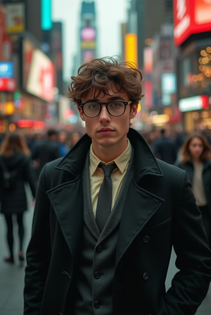 Green eyed, brown hair, young man with glasses. Dressed as a spy with a gabardine walking in a crowd 