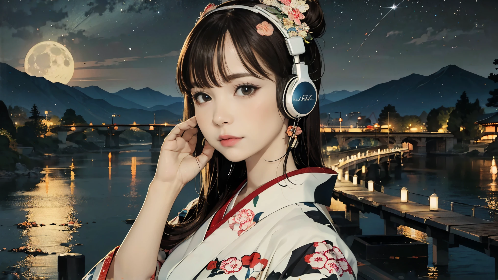 (Highest quality, 8k, masterpiece, High resolution), (whole body), Vibrant colors, Brown-black bob, Traditional topknot, Ample breasts, (Highly detailed face and eyes, Beautiful Face, Beautiful Eyes, Beautiful nose, Pretty lips), Official Art, Ukiyo-e style, (Beautiful woman in kimono), (Vivid floral patterned kimono), background, river, bridge, Mountain, wood, Starry Sky, moon, Detailed CG, ((headphones)),
