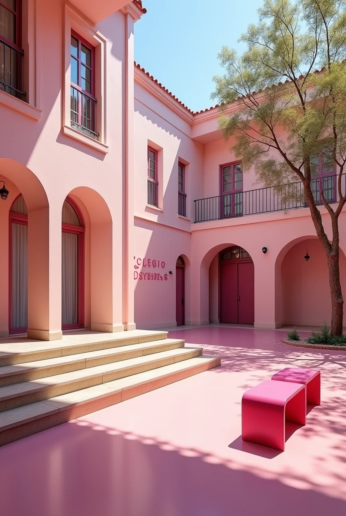 (photorealism:1.2) Empty in a pink girls' school inside yard with pink benches, In a pink and white classic or modern school building, clean in good shape, the sign "Colegio Coquetas" and the signs of many kisses 💋 on the walls, not childish drawings on the walls, A pink King size bed in the middle of the yard, realistic, intricate details
