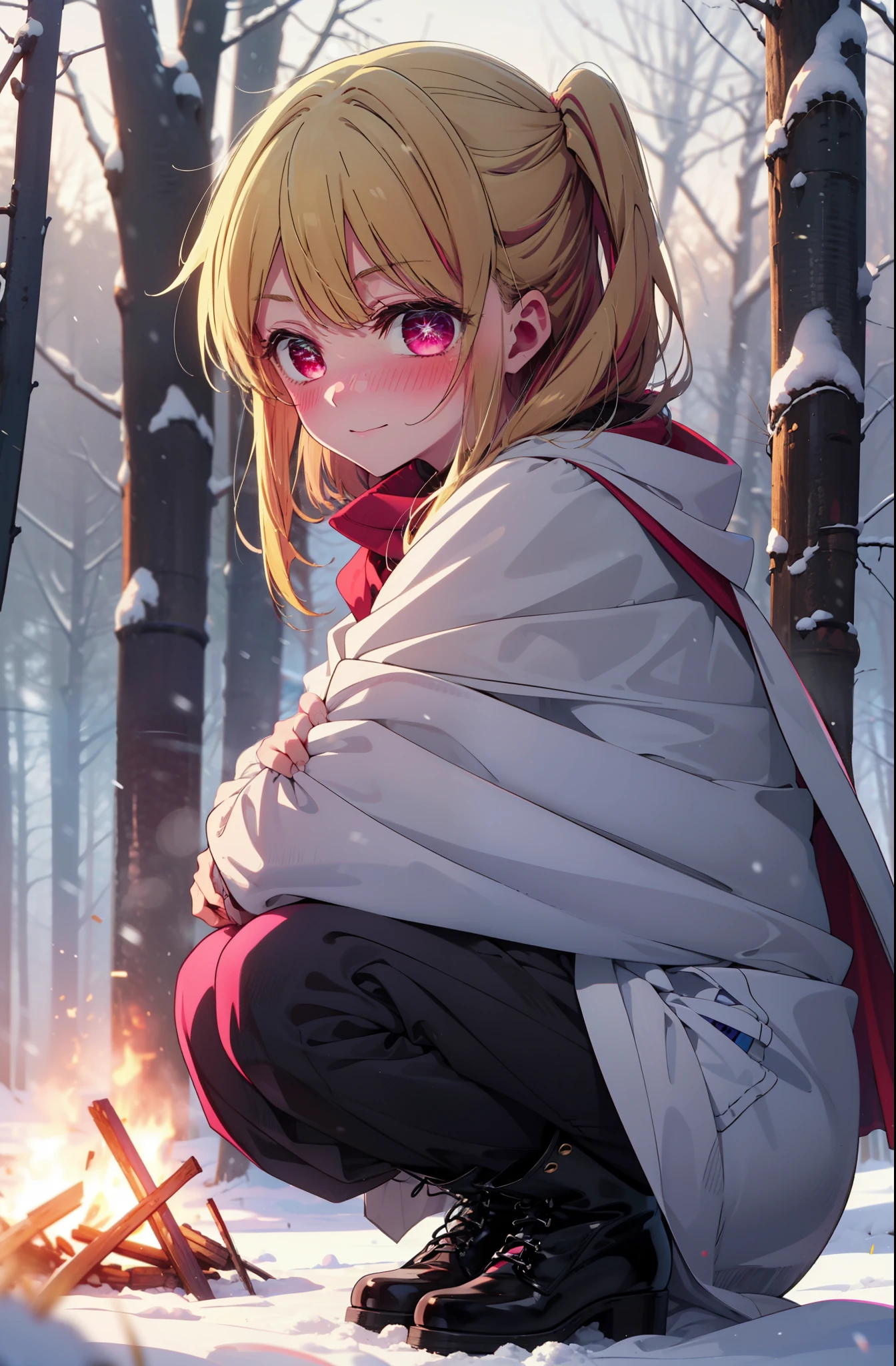 rubyhoshino, Hoshino Ruby, Long Hair, bangs, Blonde, (Pink Eyes:1.3), Side Lock, (Symbol-shaped pupil:1.5), Multicolored Hair, Two-tone hair, smile,,smile,blush,white breath,
Open your mouth,snow,Ground bonfire, Outdoor, boots, snowing, From the side, wood, suitcase, Cape, Blurred, , forest, White handbag, nature, Squat, Mouth closed, Cape, winter, Written boundary depth, Black shoes, red Cape break looking at viewer, Upper Body, whole body, break Outdoor, forest, nature, break (masterpiece:1.2), Highest quality, High resolution, unity 8k wallpaper, (shape:0.8), (Beautiful and beautiful eyes:1.6), Highly detailed face, Perfect lighting, Highly detailed CG, (Perfect hands, Perfect Anatomy),