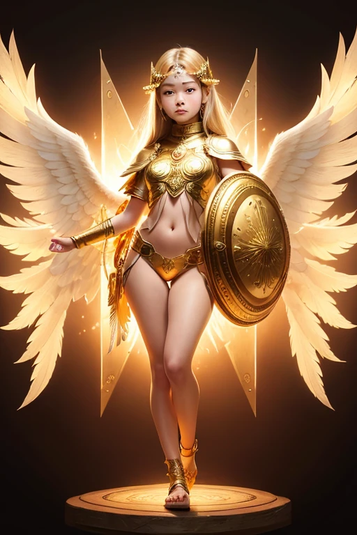 A young 15- yr old native asian girl with lovely charminvg face,( skin texture masterpiece), (perfect full body detailed anatomy), (Super detailed), (meditating ), (glowing bright eyes),(short illuminating silver hair),Wearing transparent costume of an angel,holding a treasure septer & shield, illuminating different lights covers the sorrounding atmosphere Has beautiful large white wings, The character solemnly praying
