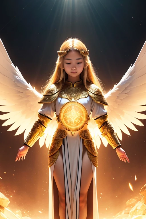 A young 15- yr old native asian girl with lovely charminvg face,( skin texture masterpiece), (perfect full body detailed ???????), (Super detailed), (meditating ), (glowing bright eyes),(short illuminating golden hair),Wearing transparent costume of an angel,holding a treasure septer & shield, illuminating different lights covers the sorrounding atmosphere Has beautiful large white wings, The character solemnly praying
