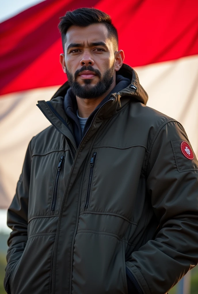 masculine jewish man, full weight body, black hair, short neck, straight focus, close up portrait, outdoor outfit jacket, in front of Indonesia flag