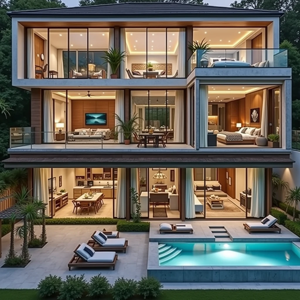 The house of my dream is a two-story house that is clear, that is surrounded by many trees, I would like to be located in a quiet place that is not so far from the city as is lumbisi, on the second floor there will be two living room a cinema room a kitchen with breakfast room, two dining rooms, a laundry room, a large patio with a pisina, a hut on the patio for barbecues, the top floor will have four bedrooms with private bathrooms, a study room and a living room, and a room for exercise.