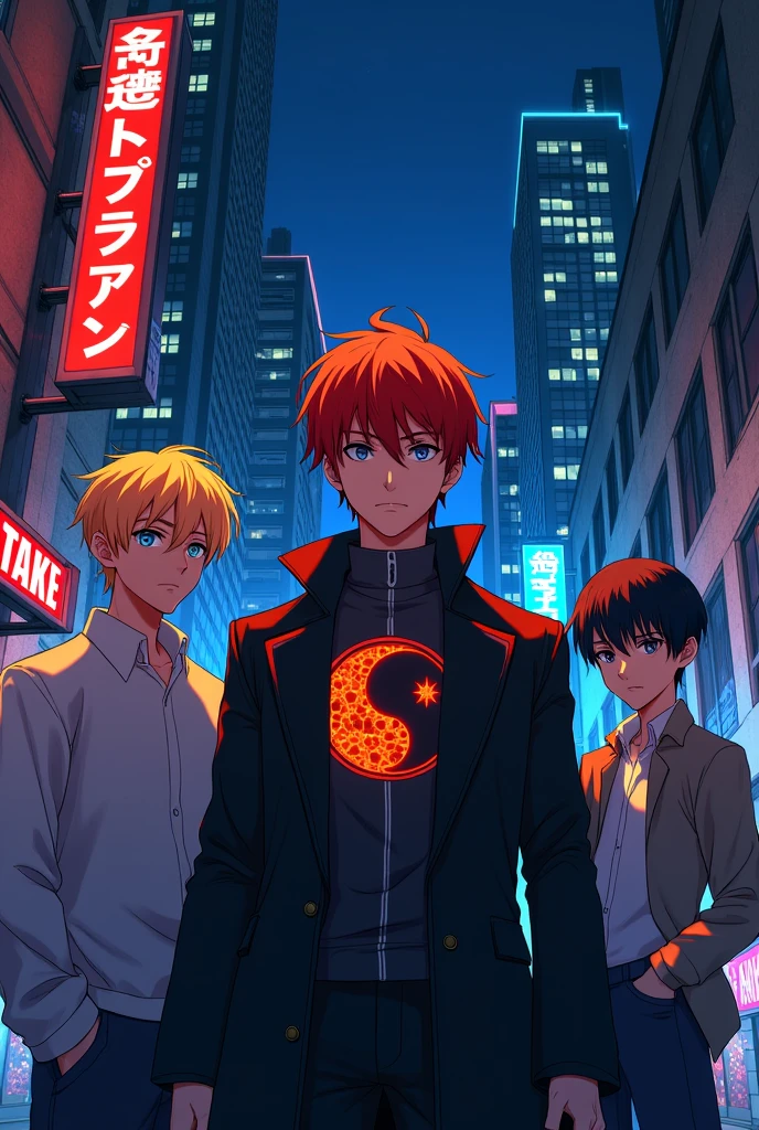 In an urban setting at night, three male characters meet for the first time in a 2D anime style. to the left, a blond young man with a psychopath expression and bright blue eyes. On the right, a 15-year-old boy with black hair and eyes, emanating a mysterious aura. At the center, the main character, a 19-year-old red-haired boy with black eyes, wearing an elegant coat with a round symbol on the chest that combines the moon and the sun.. The scene captures ten