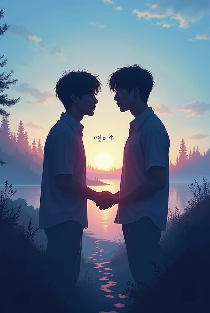 Un design avec deux silhouettes d’hommes en ombre sombre d’hommes Jungkook et Jimin se tenant la main ou se regardant intensément, symbolisant leur connexion profonde. Le fond pourrait être un dégradé de couleurs douces, comme des bleus et des violets, avec un paysage apaisant, comme une plage au coucher du soleil ou une forêt tranquille, et des éléments subtils qui suggèrent une connexion intime, comme deux chemins se rejoignant ou des empreintes côte à côte. Avec écrit bien en évidence 마음의 메아리 Écriture Poétique et Émotionnelle