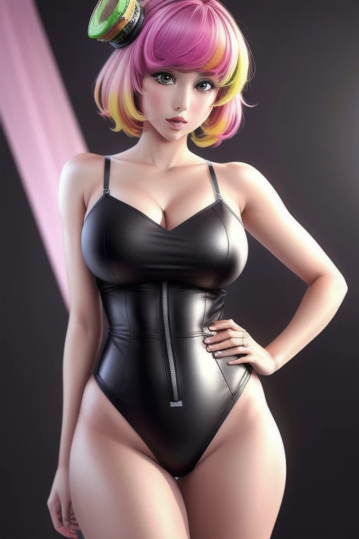 ((masterpiece)), (best quality:1.7), (detailed:1.4), (high res:1.4), 8k, (colorful:1.5), 2d, high resolution, sharped image, 4k, hd, poppi(kamen rider), 1girl, (((solo))), pink hair, pink eyes, dress, thighs, medium breasts, hair ornament, hands on own hips, bare thighs, bare arms, hat, heart, bra,black high leg swimsuit