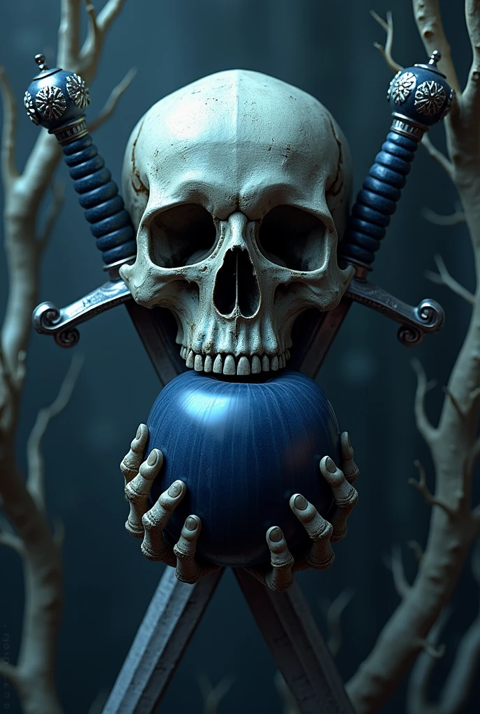 create a 3d image of a skull with a dark blue apple in its mouth, with two swords behind the skull. in the background full of thorns and white branches, em uma floresta escura. 