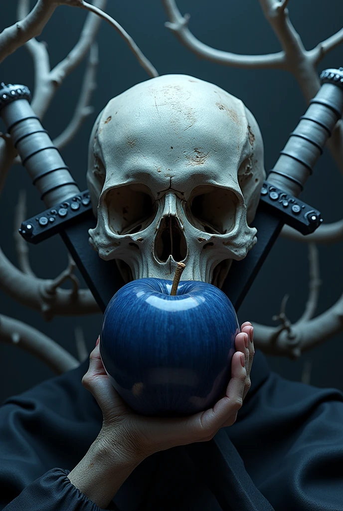 create a 3d image of a skull with a dark blue apple in its mouth, with two swords behind the skull. in the background full of thorns and white branches, em uma floresta escura.