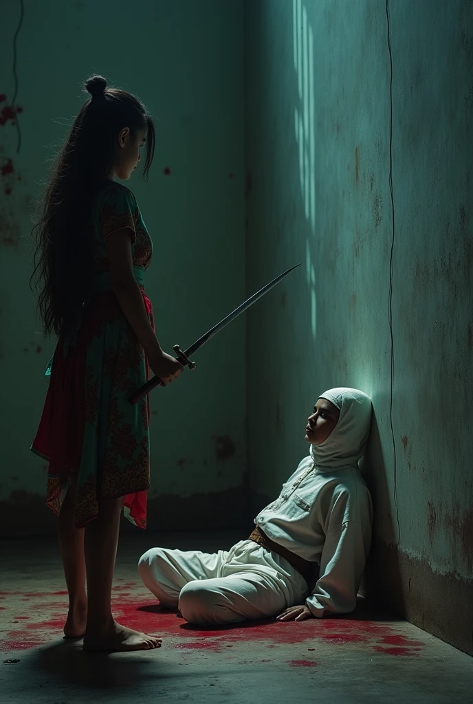 Indonesia very beautiful kind teenage girl, cutting throat a man white ninja, blood stains, room