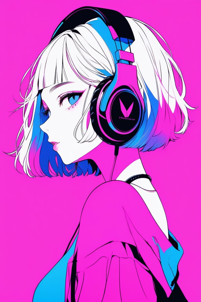 Illustrator, anime , Realistic ,sketch , 1 person, ,lip, Off-the-shoulder T-shirt, (((whole body))), order, Blue and pink gradient background, Neon Short Hair,Wear headphones, Texture Trim, Canadian, (masterpiece,Highest quality) 