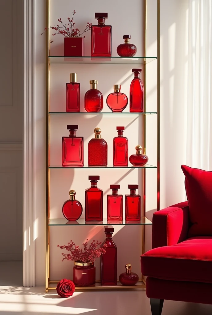 Create a tall glass shelf with many perfumes in different shades of red
