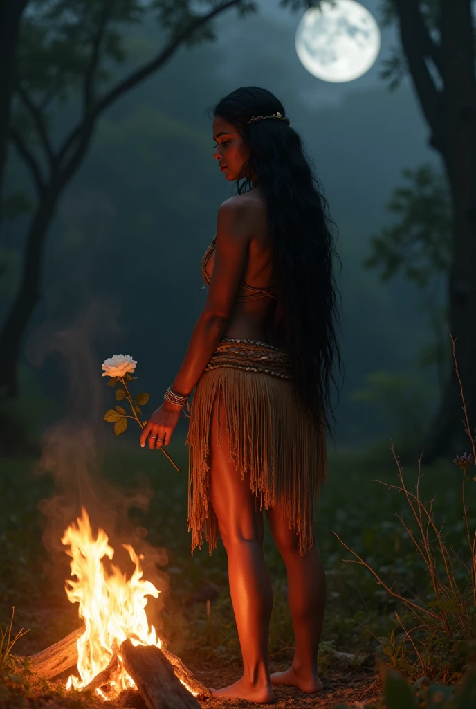  (Shaman indigenous ),ultra quality, Black hair very long large, abdômen detailed, half moon, indigenous shaman,(Woman warrior), 8k, campfire, ultra quality, highlights , realist, big tits nude, nipples, white rose.
