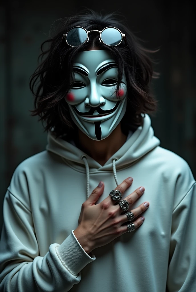 A person with medium-length, messy dark hair is wearing a white hoodie and a stylized Guy Fawkes mask. The mask covers their entire face, and they are also wearing round eyeglasses over the mask. The individual is holding their hand up to their chest, with several rings visible on their fingers. The lighting in the image is dim, with a dark and moody ambiance, giving the entire scene a somewhat mysterious and rebellious atmosphere. The background is blurry and out of focus, emphasizing the person as the main subject of the image.