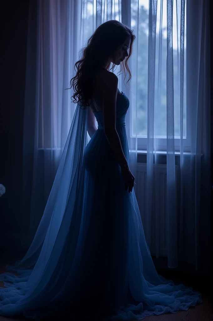 arafed woman in a dress standing in front of a window, a picture by Marie Bashkirtseff, shutterstock, romanticism, half-turned lady in evening gown, flowing gown, wearing a flowing dress, mysterious woman, haunting beautiful young woman, wearing a white flowing dress, flowing dress, woman in dress, extremely moody blue lighting, miss aniela