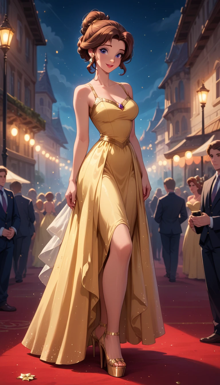 score_9, score_8_up, score_7_up, score_6_up, cinematic film still, 1girl, mature woman, (Disney's Belle, brown hair, glamorous updo hairstyle:1.3), (majestic sexy yellow dress:1.3), platform heels, award show, red carpet, large crowd, paparazzi, flash photography, smiling, posing, (cinematic lighting:1.2),, shallow depth of field, vignette, highly detailed, high budget, bokeh, cinemascope, moody, epic, gorgeous, film grain, grainy, midnight, beautiful eyes, highly detailed eyes, best quality, masterpiece.