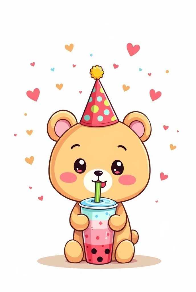 Image of kawaii style cute bear sipping on boba wearing a party hat line art