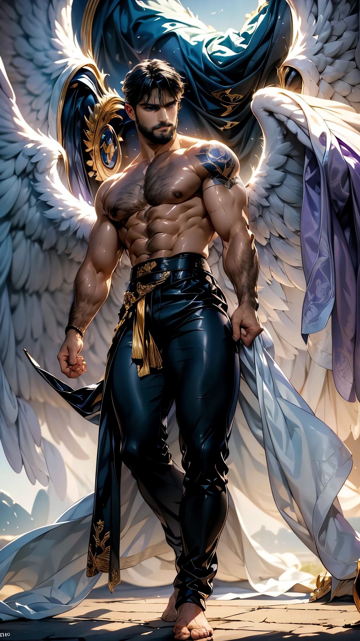 Daegan(1), male_character, detailed_face, no more characters, angel wings (symmetrical style), blue eyes (iris color), small beard, black hair, blue pants, Shirtless, tattooed, arm pointing sky (body), visual harmony, epic scenery, extremely detailed CG unity 4k wallpaper, best quality, amazing quality, very aesthetic, (ominous shadows:1.1), (flowing :1.1), (detailed folds and creases:1.1), (intense purple aura:1.2), (symbols of power surrounding him:1.1), (magical energy radiating:1.2), (spellcasting gestures:1.1), (ethereal particles:1.1), (dynamic pose:1.2), (epic soundtrack:1.2), (sense of awe:1.1), (magical prowess:1.1), over power, power up, sphere, extreme, focused.