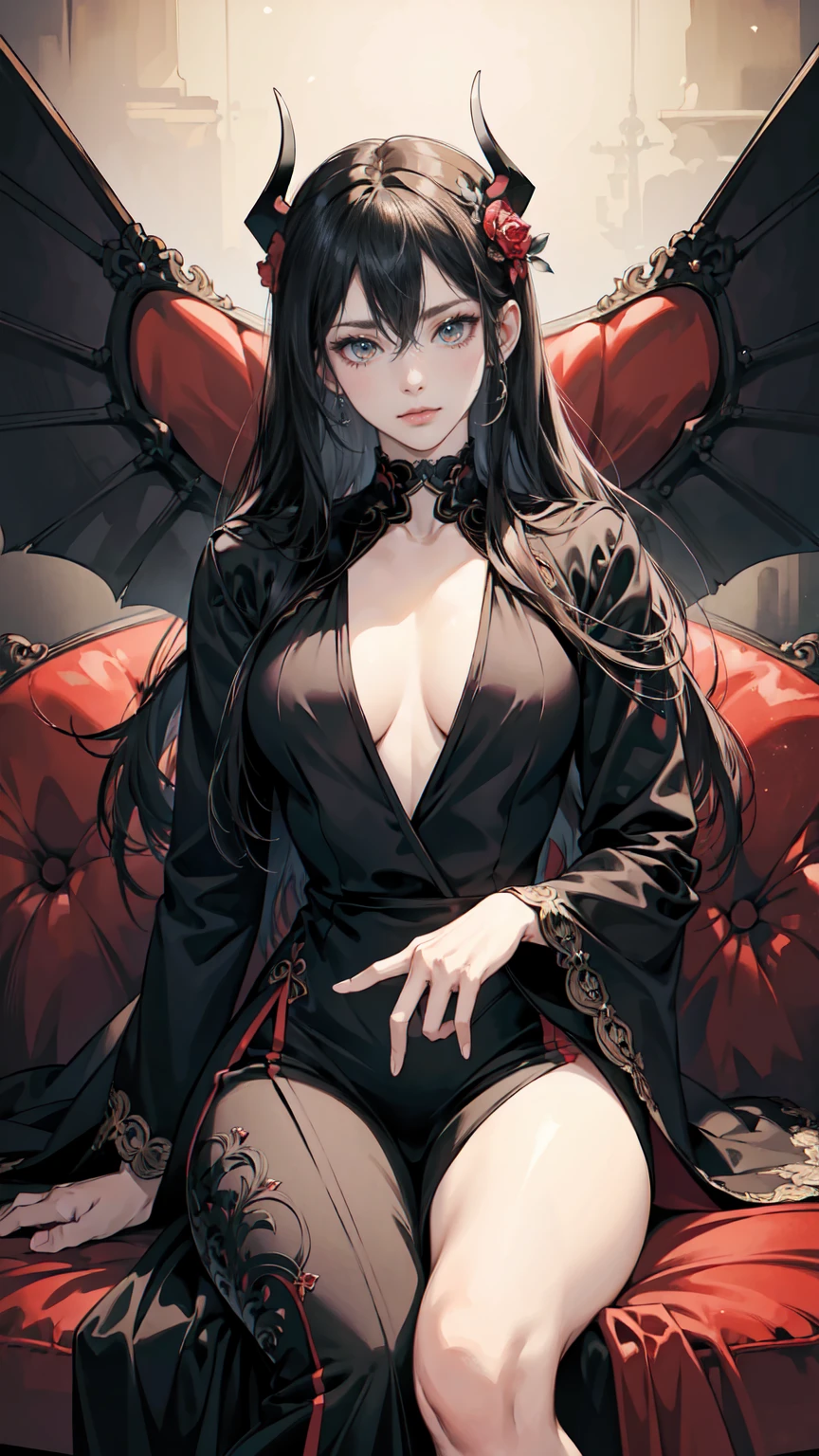 naked , bare naked , 1girl, masterpiece, best quality, illustration, miracle tou, indoors, throne room , gothic castle background, upper body, black dress, hair ornament, flower, cleavage, jewelry, looking at viewer, evil girl , big evil grin, evil smile, evil face , evil eyes , evil look, vampire , fangs, vampire fangs, anime eyes, black hair, red eyes , naked breast, huge breast, big breast, big nipples, pointy nipples, pure white color skin, pale skin, white skin, big areola, white color areola, white color nipples, , nice teeth, black hair, red eyes, pale skin, 