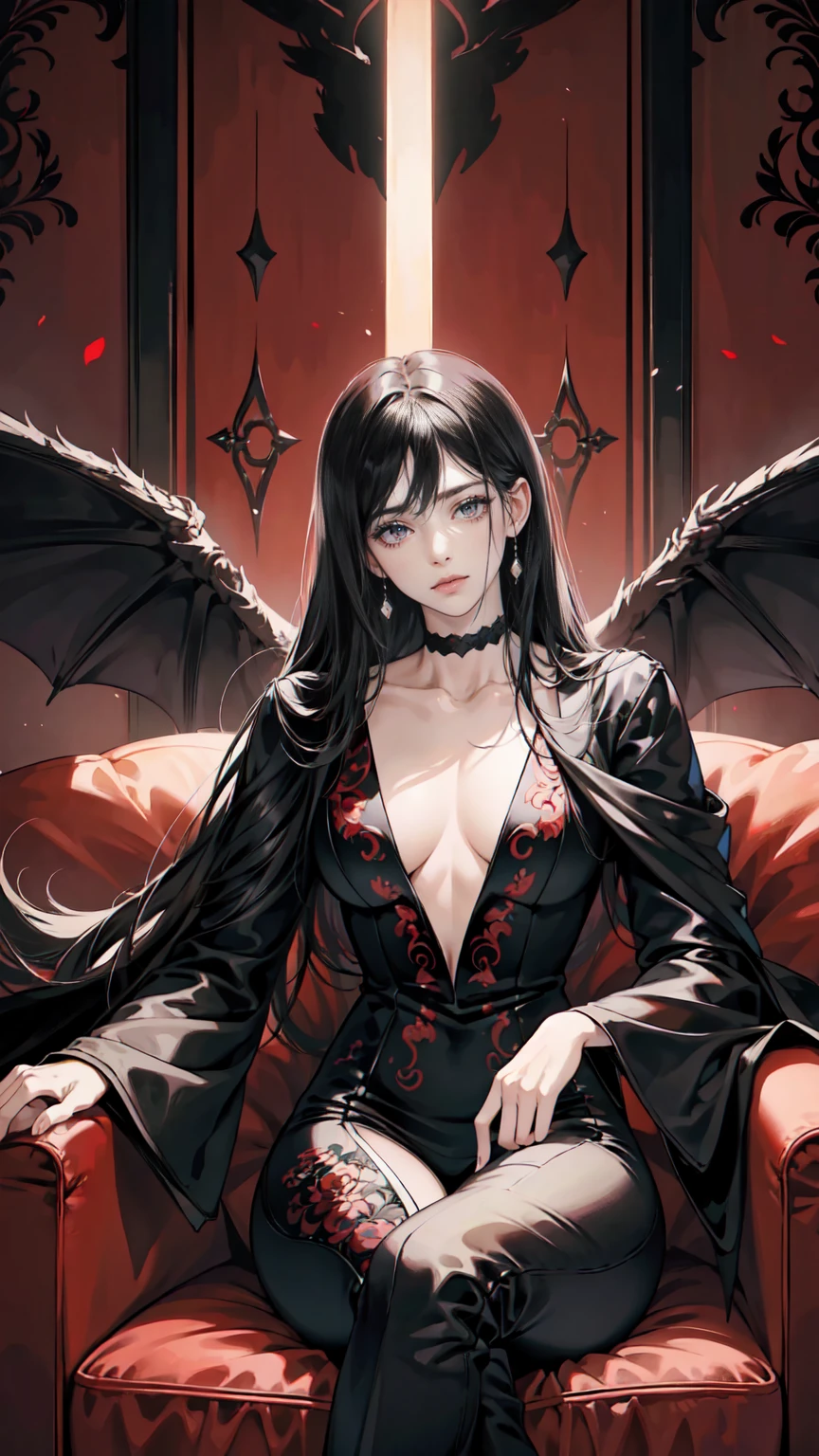 (digital art,8K, Masterpiece, High Quality, Digital Art, Beautiful Anime Aesthetics, Super Detailed, Perfect Body Proportions),beautiful ALBEDO aesthetic  is sitting in a fancy couch.  modern black suit with patterns and details.big black wings. Perfectly detailed face with an arrogant look, CHOKER on the neck, sculpted and proportional body in a beautiful pose, high detail. black and dark red demon flowers among the character. perfect portrait concept art, with a cinematic posing of a half-body portrait! Dark tones with light effects . anime stunning full color art,