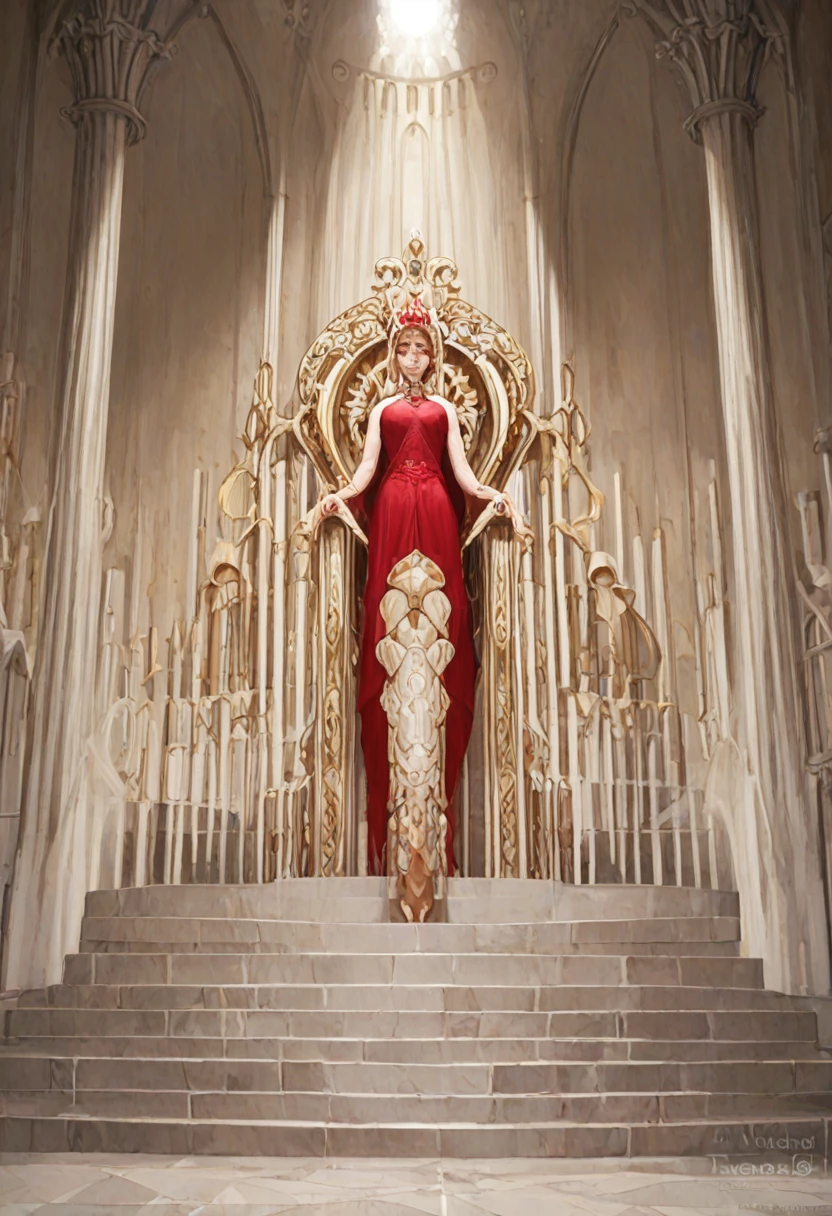 A grand, imposing throne made of dark, polished stone, adorned with intricate carvings and glowing runes. The throne is set on a high platform, surrounded by towering columns and flickering torches. The seat is cushioned with rich, crimson velvet, and the backrest rises high, featuring sharp, angular designs that exude authority and strength. The atmosphere is dark and regal, with shadows casting an aura of mystery and power, score_9, score_8_up, score_7_up