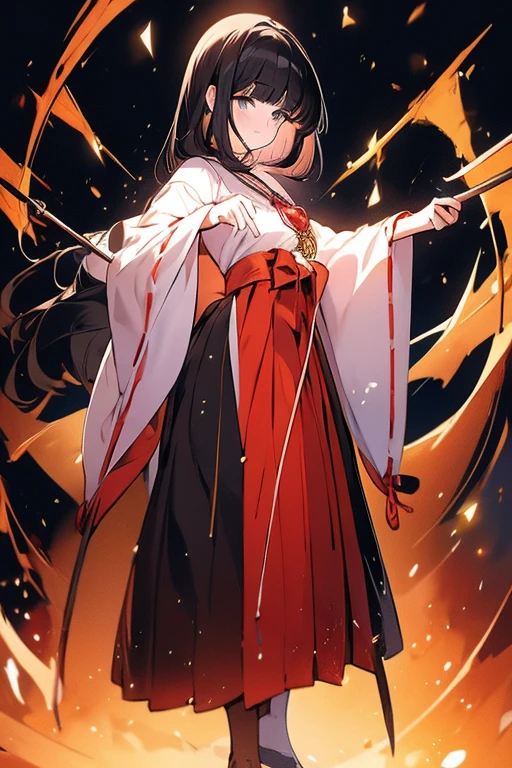 anime girl in miko outfit with medium length black hair, green eyes, holding a wooden sword, standing full body, blushing expression, highly detailed, extremely sharp focus, masterpiece, 8k, photorealistic, professional illustration, ultra-fine detail, vivid colors, dramatic lighting, intricate fabric textures, clean background
