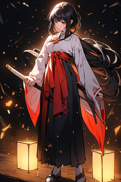 anime girl in miko outfit with medium length black hair, green eyes, holding a wooden sword, standing full body, blushing expression, highly detailed, extremely sharp focus, masterpiece, 8k, photorealistic, professional illustration, ultra-fine detail, vivid colors, dramatic lighting, intricate fabric textures, clean background