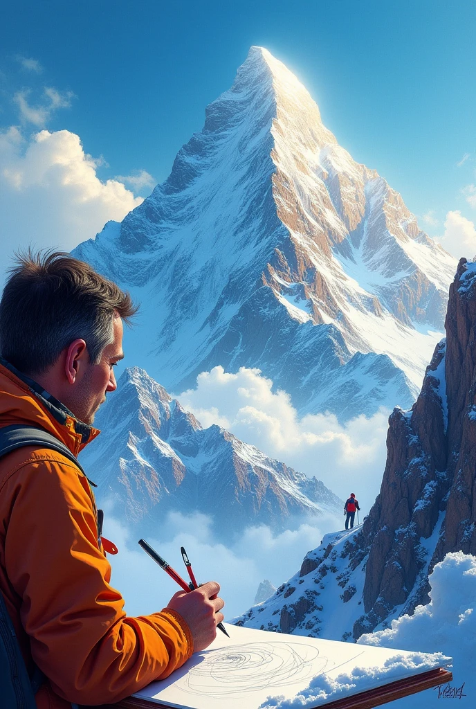 artist drawing Mount Everest and the paper turning into reality