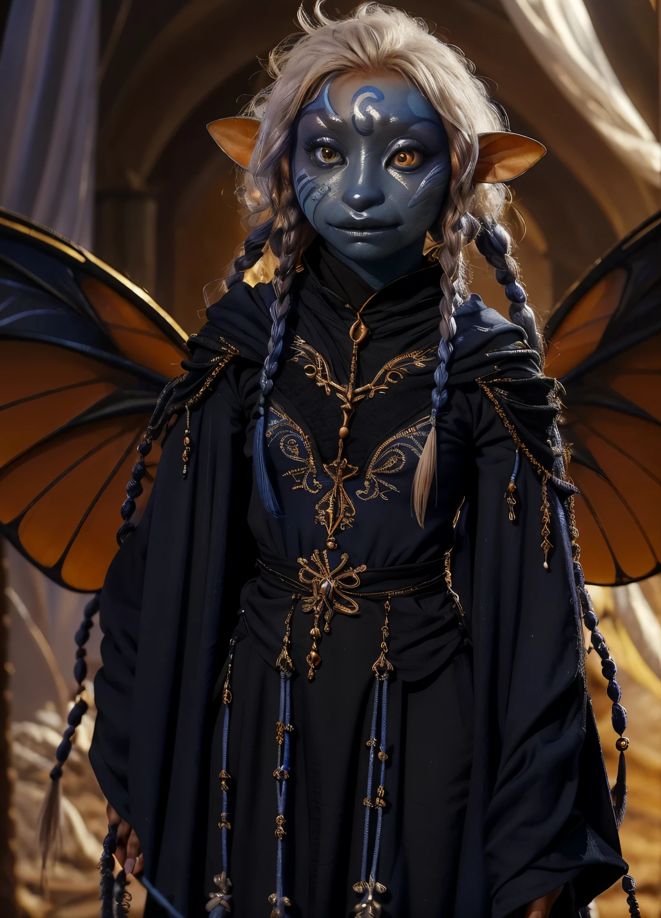 dousan, gelfling, female, dark blue and orange beaded robes decorated with jewels and bones, short curly white hair with long decorated braids, desert, blue skin with lighter blue face paint, big orange eyes, jewelry, full body, insect wings coming from shoulders,